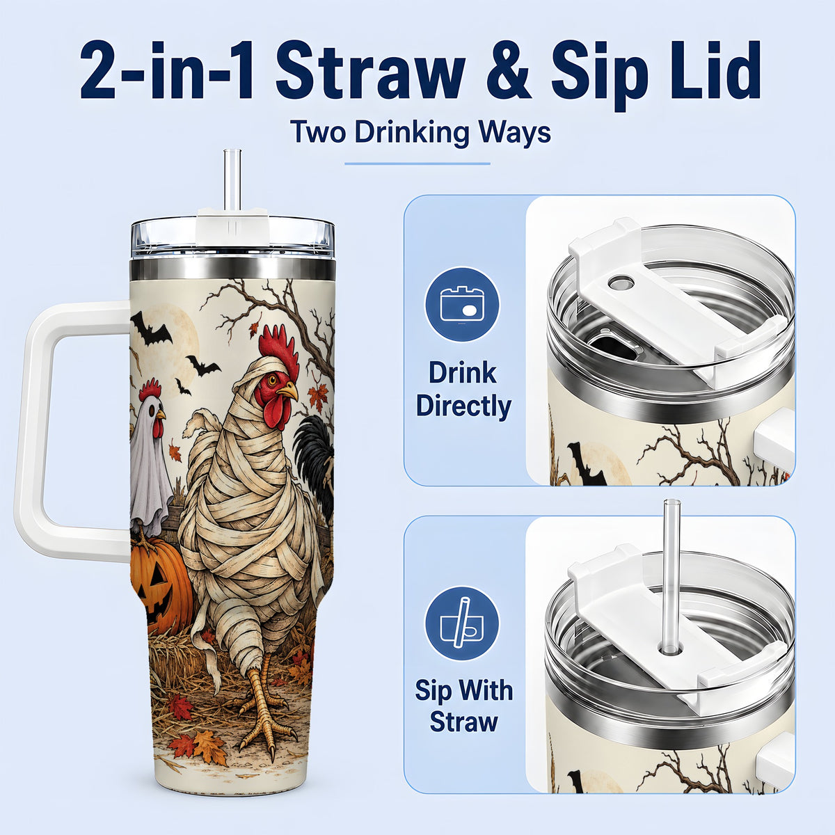#pl[40oz|White] Mummy Chicken Halloween 40oz Tumbler, Ghost Skeleton Autumn Artwork