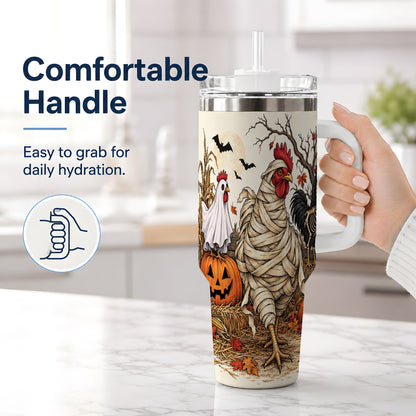 #pl[40oz|White] Mummy Chicken Halloween 40oz Tumbler, Ghost Skeleton Autumn Artwork