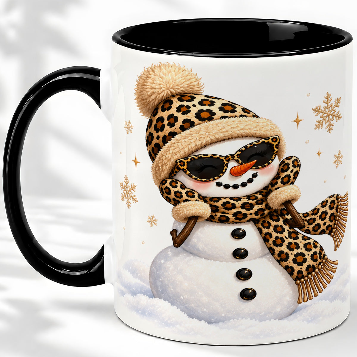 #pl[11oz|Black] Leopard Snowman Winter Ceramic Mug with Animal Print Artwork