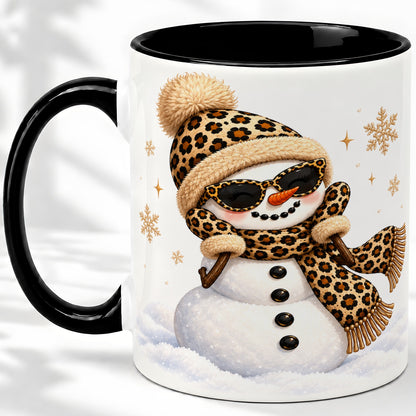 #pl[11oz|Black] Leopard Snowman Winter Ceramic Mug with Animal Print Artwork