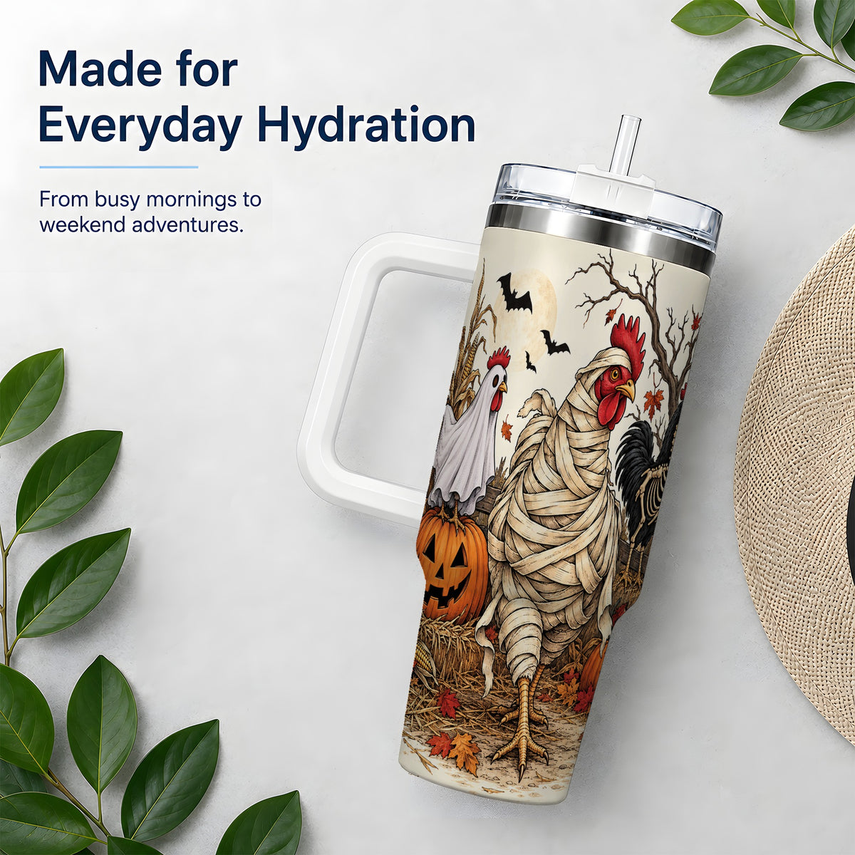 Mummy Chicken Halloween 40oz Tumbler, Ghost Skeleton Autumn Artwork