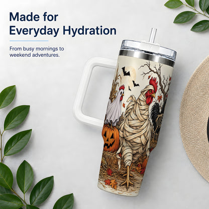 Mummy Chicken Halloween 40oz Tumbler, Ghost Skeleton Autumn Artwork