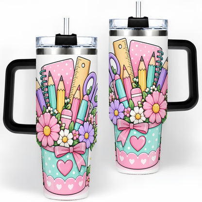 #pl[40oz|Black] Pastel School Supplies 40oz Tumbler, Pencil Flower School Artwork