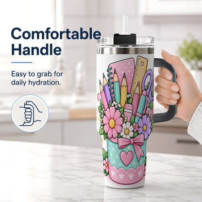 #pl[40oz|Black] Pastel School Supplies 40oz Tumbler, Pencil Flower School Artwork