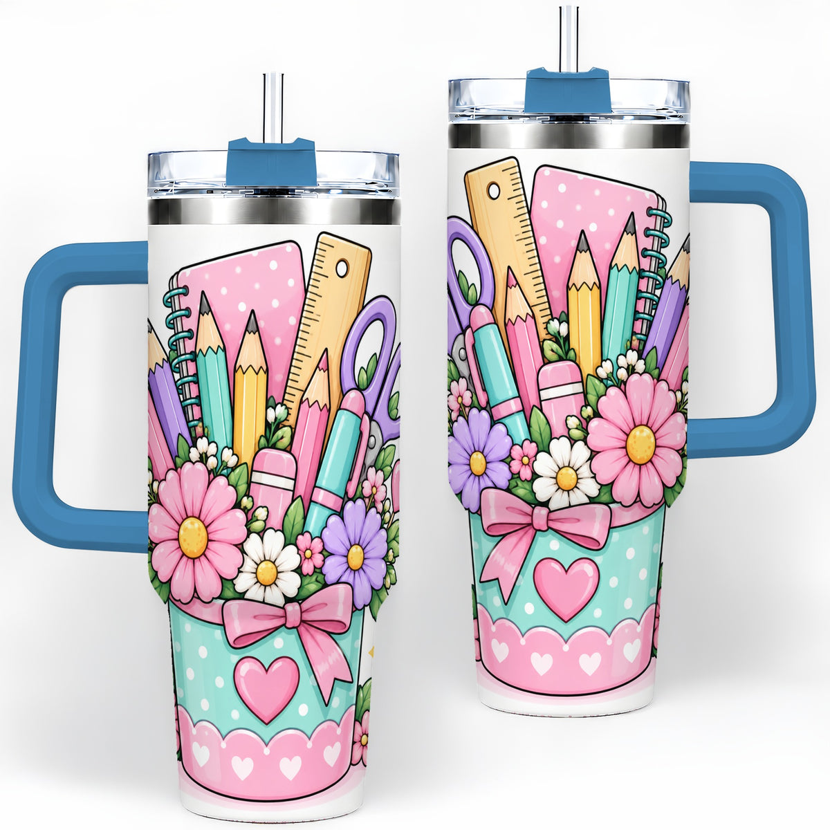 #pl[40oz|Blue] Pastel School Supplies 40oz Tumbler, Pencil Flower School Artwork