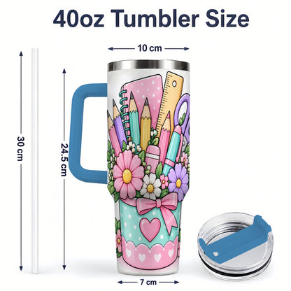 #pl[40oz|Blue] Pastel School Supplies 40oz Tumbler, Pencil Flower School Artwork