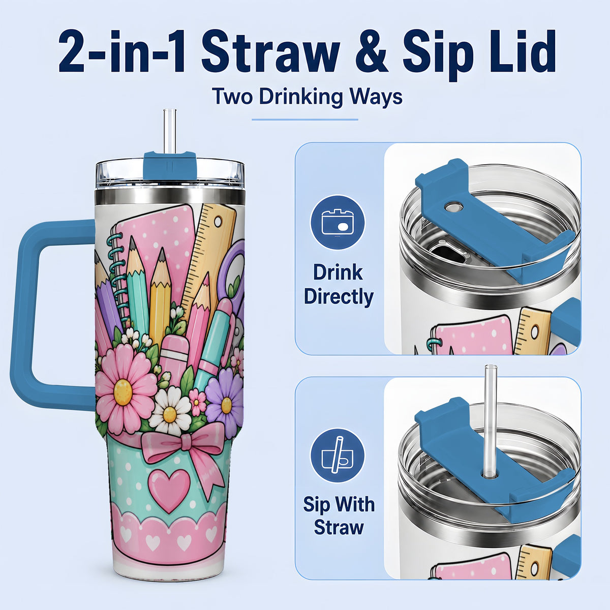 #pl[40oz|Blue] Pastel School Supplies 40oz Tumbler, Pencil Flower School Artwork