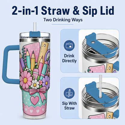 #pl[40oz|Blue] Pastel School Supplies 40oz Tumbler, Pencil Flower School Artwork