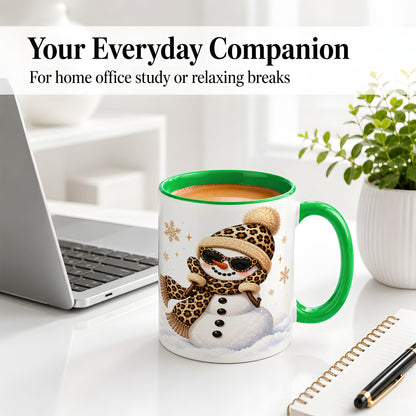 #pl[11oz|Green] Leopard Snowman Winter Ceramic Mug with Animal Print Artwork