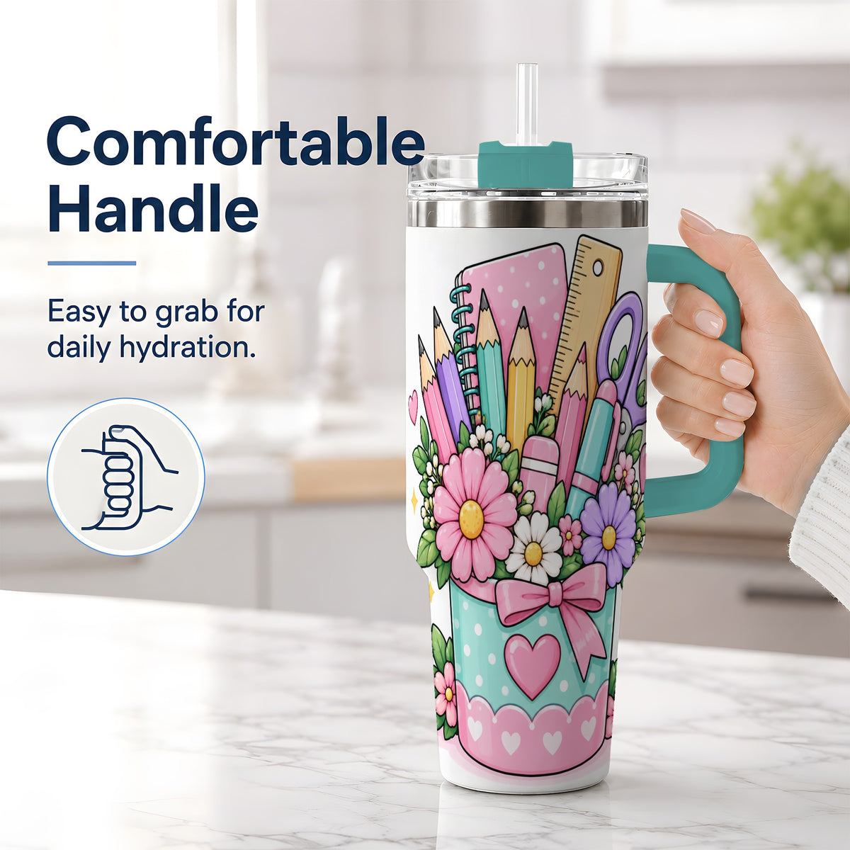 #pl[40oz|Green] Pastel School Supplies 40oz Tumbler, Pencil Flower School Artwork