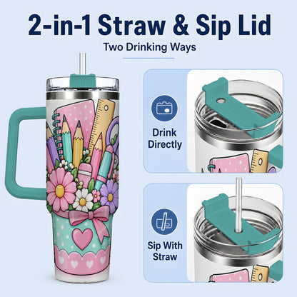 #pl[40oz|Green] Pastel School Supplies 40oz Tumbler, Pencil Flower School Artwork