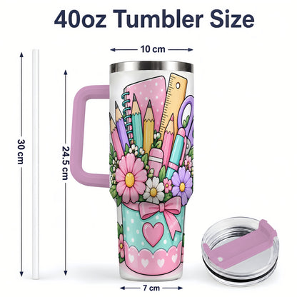 #pl[40oz|Pink] Pastel School Supplies 40oz Tumbler, Pencil Flower School Artwork
