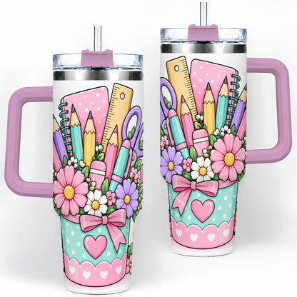 #pl[40oz|Pink] Pastel School Supplies 40oz Tumbler, Pencil Flower School Artwork