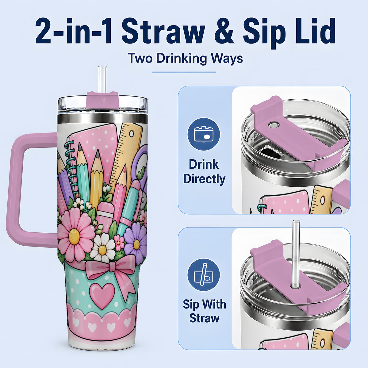 #pl[40oz|Pink] Pastel School Supplies 40oz Tumbler, Pencil Flower School Artwork