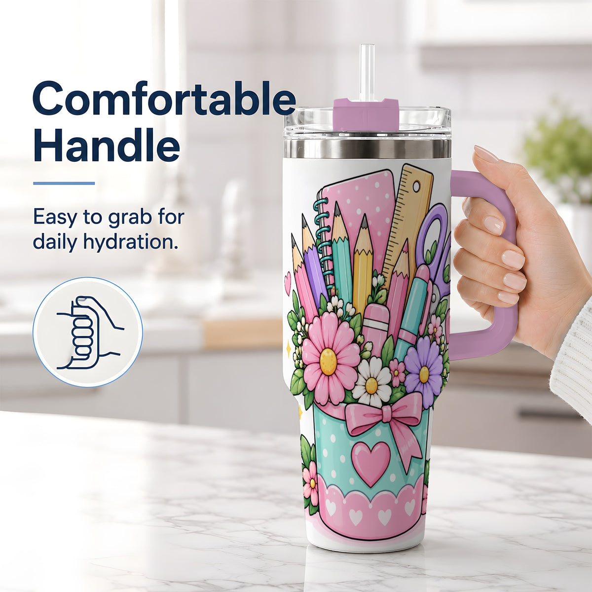 #pl[40oz|Pink] Pastel School Supplies 40oz Tumbler, Pencil Flower School Artwork