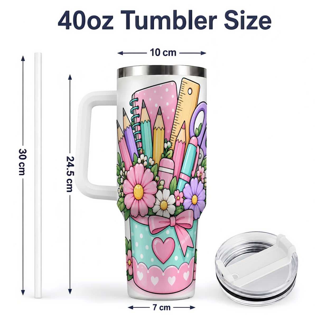 #pl[40oz|White] Pastel School Supplies 40oz Tumbler, Pencil Flower School Artwork