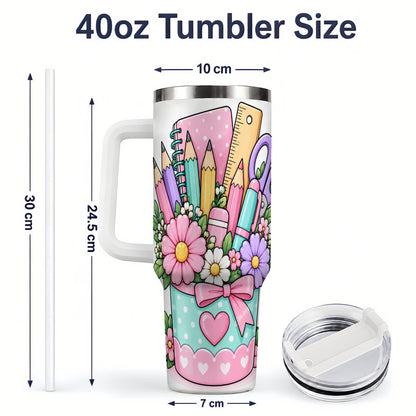 #pl[40oz|White] Pastel School Supplies 40oz Tumbler, Pencil Flower School Artwork
