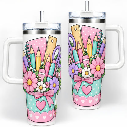 Pastel School Supplies 40oz Tumbler, Pencil Flower School Artwork