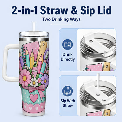 #pl[40oz|White] Pastel School Supplies 40oz Tumbler, Pencil Flower School Artwork