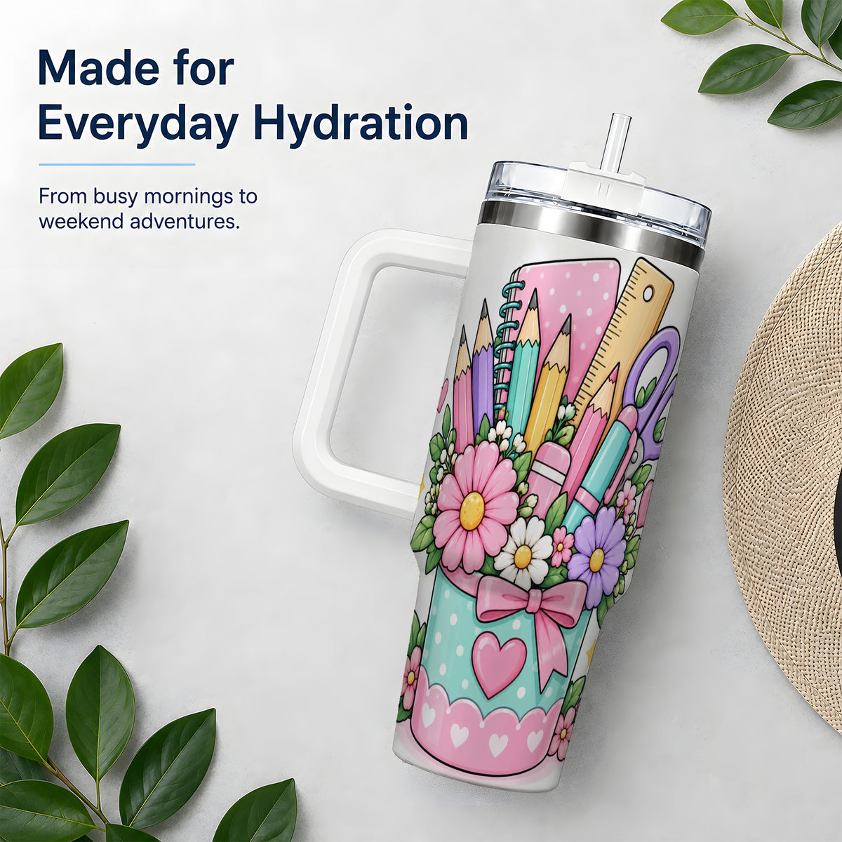 Pastel School Supplies 40oz Tumbler, Pencil Flower School Artwork
