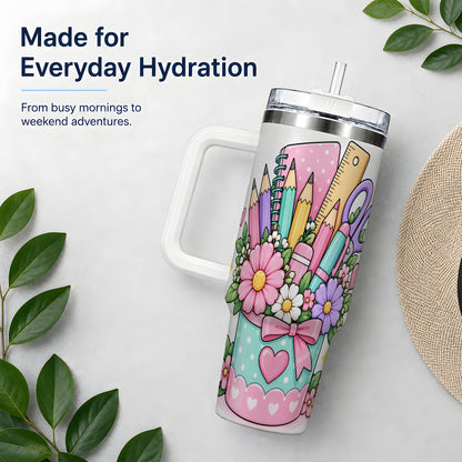 Pastel School Supplies 40oz Tumbler, Pencil Flower School Artwork