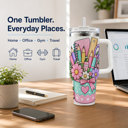 Pastel School Supplies 40oz Tumbler, Pencil Flower School Artwork