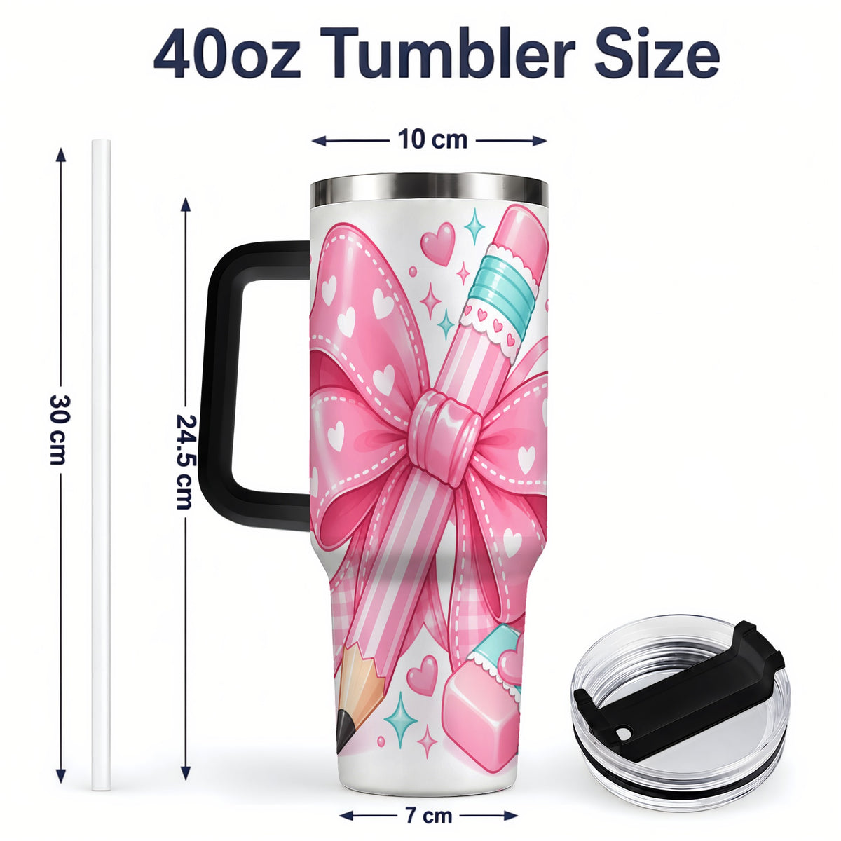 #pl[40oz|Black] Pink Bow Pencil 40oz Tumbler, Pastel Heart Classroom Supply Artwork