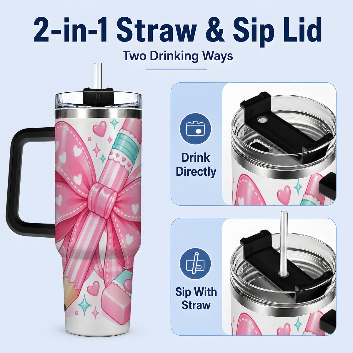 #pl[40oz|Black] Pink Bow Pencil 40oz Tumbler, Pastel Heart Classroom Supply Artwork