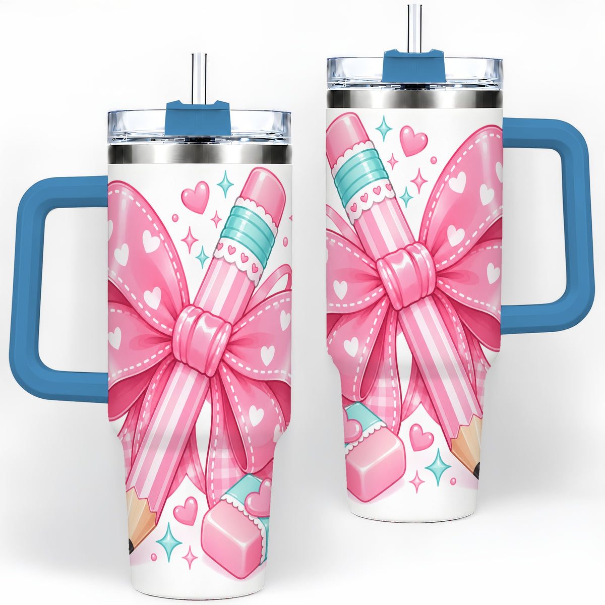 #pl[40oz|Blue] Pink Bow Pencil 40oz Tumbler, Pastel Heart Classroom Supply Artwork