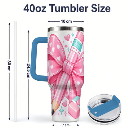 #pl[40oz|Blue] Pink Bow Pencil 40oz Tumbler, Pastel Heart Classroom Supply Artwork