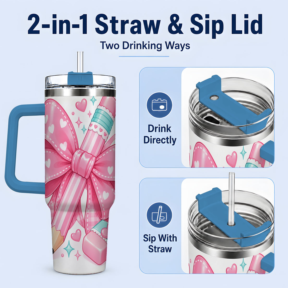 #pl[40oz|Blue] Pink Bow Pencil 40oz Tumbler, Pastel Heart Classroom Supply Artwork