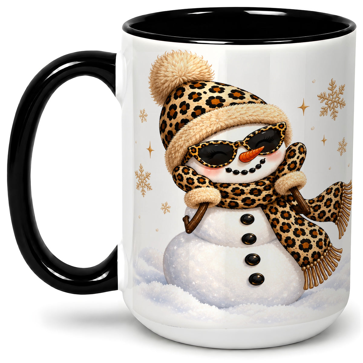 #pl[15oz|Black] Leopard Snowman Winter Ceramic Mug with Animal Print Artwork