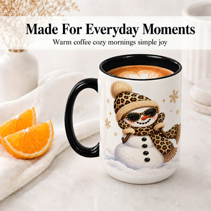#pl[15oz|Black] Leopard Snowman Winter Ceramic Mug with Animal Print Artwork