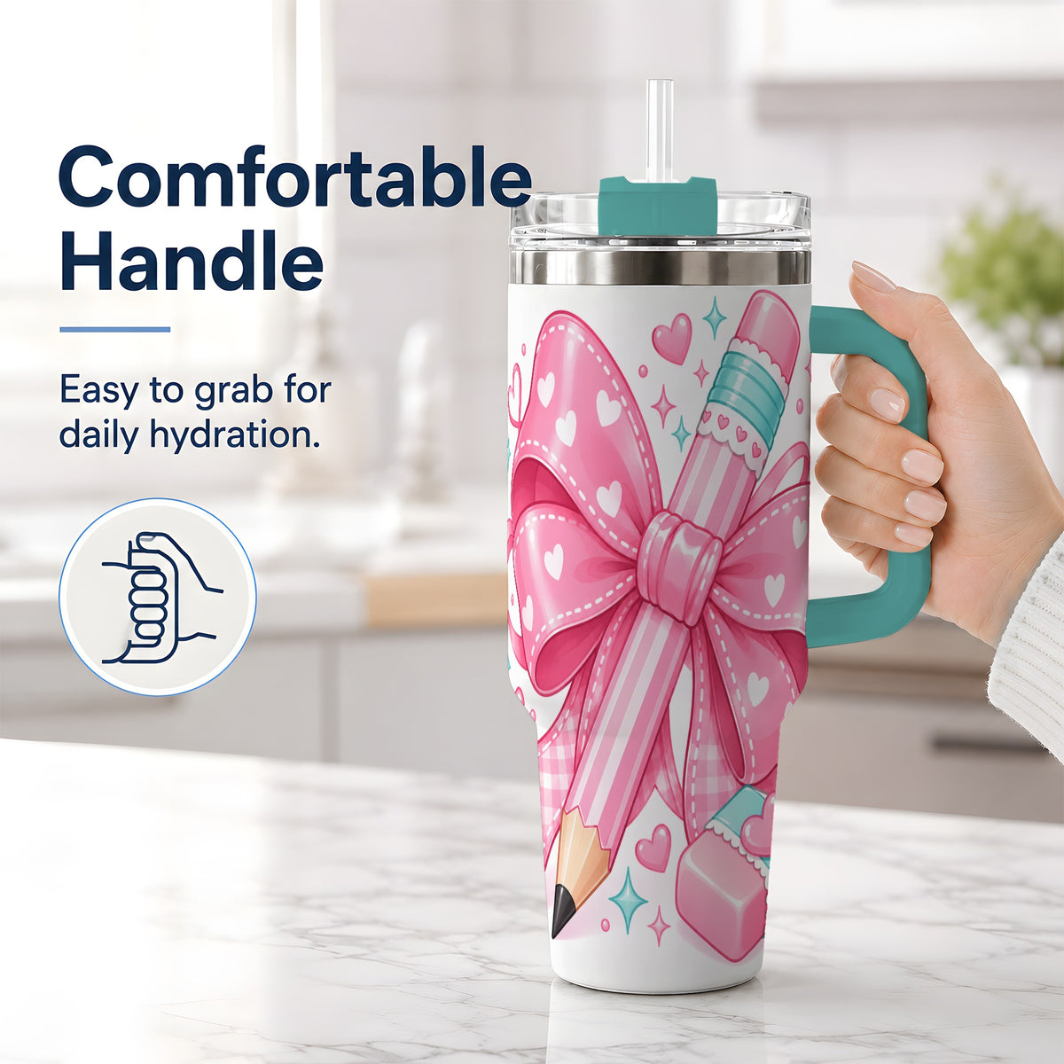 #pl[40oz|Green] Pink Bow Pencil 40oz Tumbler, Pastel Heart Classroom Supply Artwork
