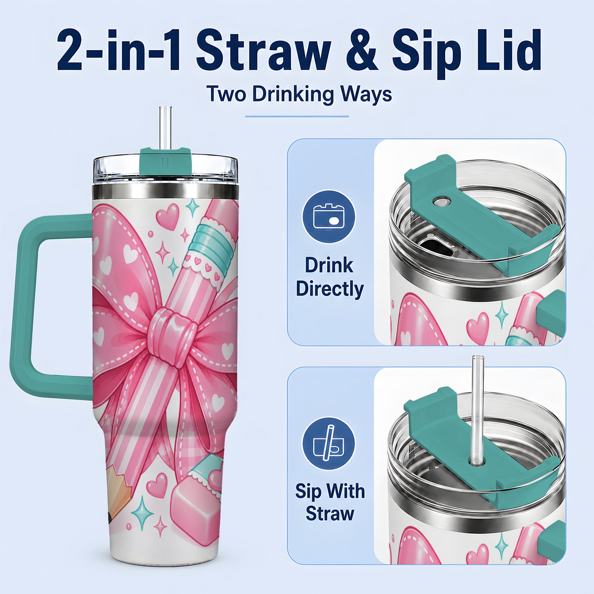 #pl[40oz|Green] Pink Bow Pencil 40oz Tumbler, Pastel Heart Classroom Supply Artwork