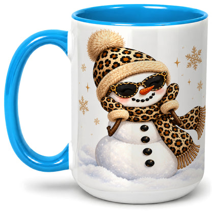 #pl[15oz|Blue] Leopard Snowman Winter Ceramic Mug with Animal Print Artwork