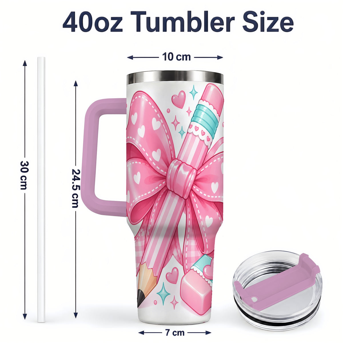 #pl[40oz|Pink] Pink Bow Pencil 40oz Tumbler, Pastel Heart Classroom Supply Artwork