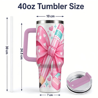 #pl[40oz|Pink] Pink Bow Pencil 40oz Tumbler, Pastel Heart Classroom Supply Artwork