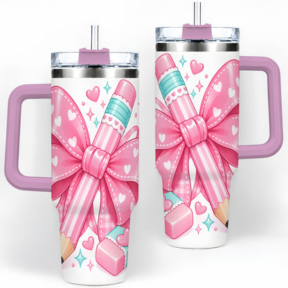 #pl[40oz|Pink] Pink Bow Pencil 40oz Tumbler, Pastel Heart Classroom Supply Artwork