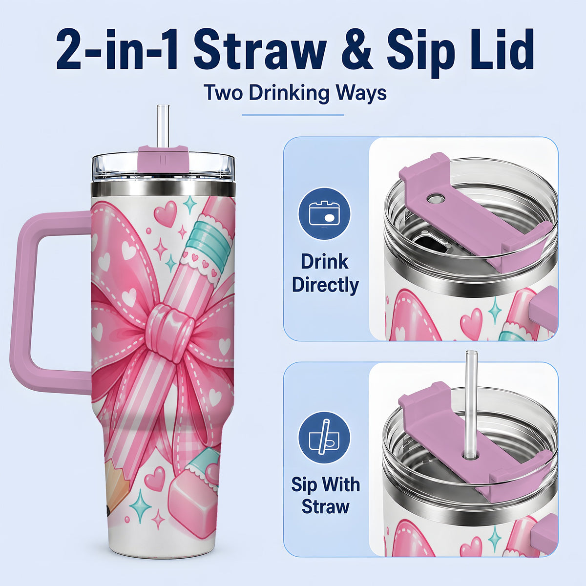 #pl[40oz|Pink] Pink Bow Pencil 40oz Tumbler, Pastel Heart Classroom Supply Artwork