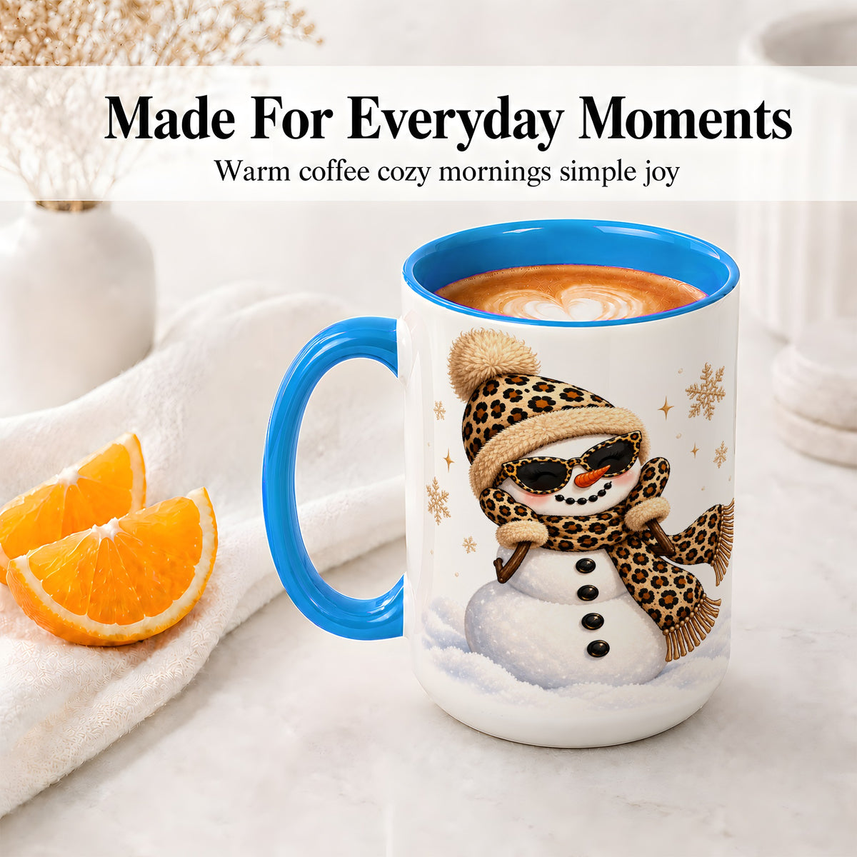 #pl[15oz|Blue] Leopard Snowman Winter Ceramic Mug with Animal Print Artwork