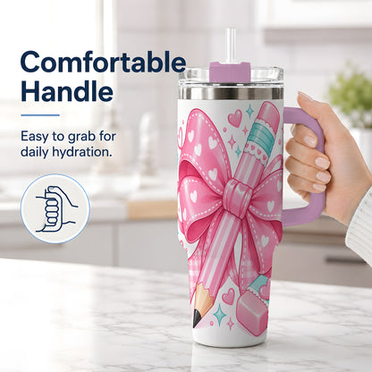 #pl[40oz|Pink] Pink Bow Pencil 40oz Tumbler, Pastel Heart Classroom Supply Artwork