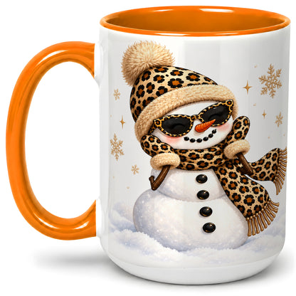 #pl[15oz|Orange] Leopard Snowman Winter Ceramic Mug with Animal Print Artwork