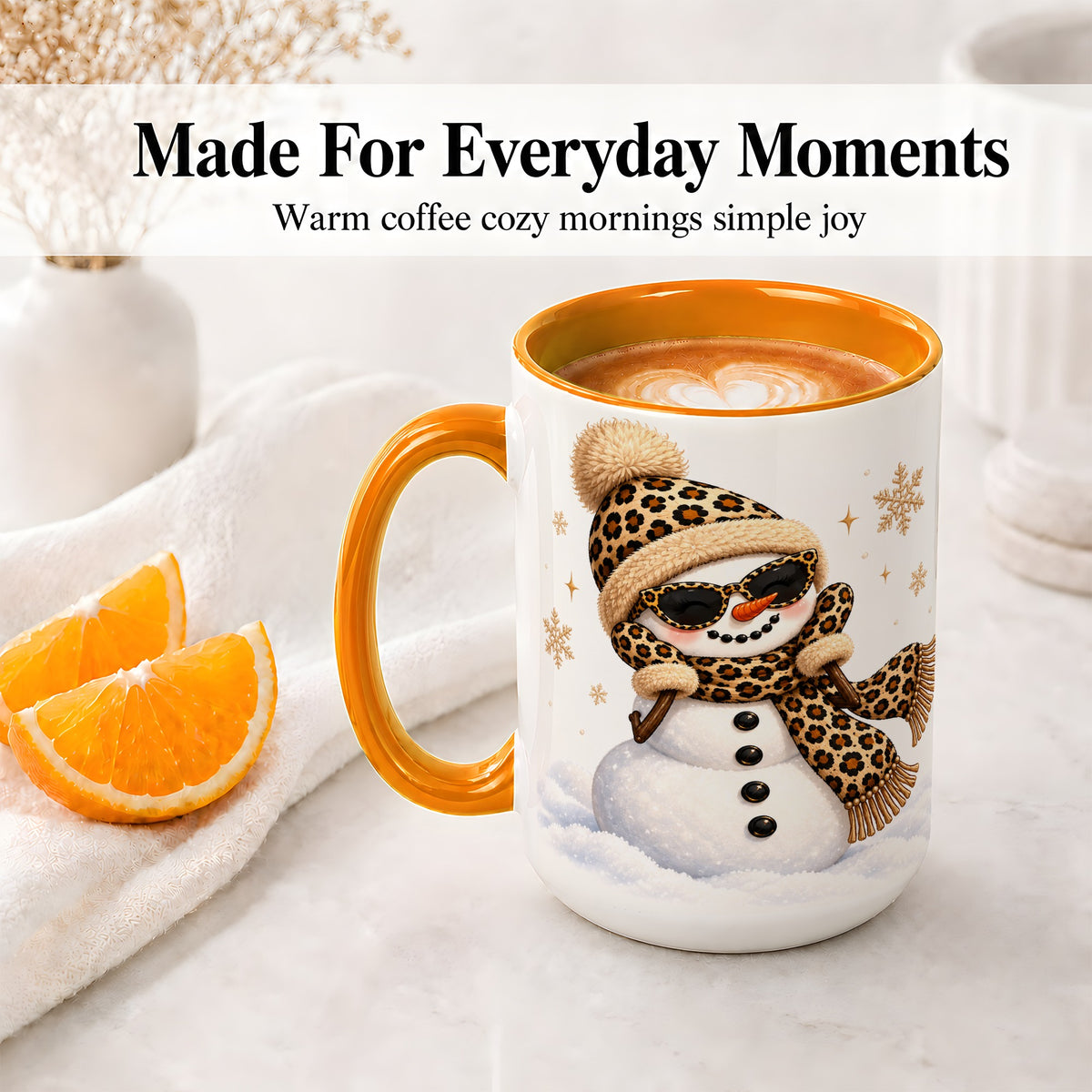 #pl[15oz|Orange] Leopard Snowman Winter Ceramic Mug with Animal Print Artwork