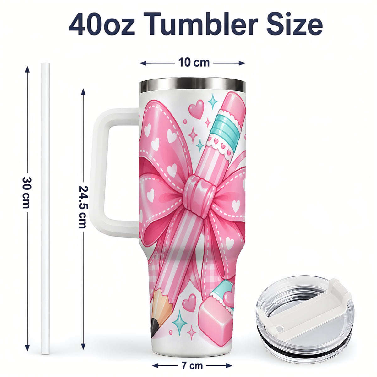 #pl[40oz|White] Pink Bow Pencil 40oz Tumbler, Pastel Heart Classroom Supply Artwork