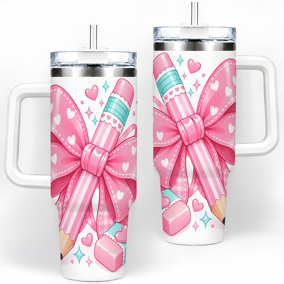 Pink Bow Pencil 40oz Tumbler, Pastel Heart Classroom Supply Artwork