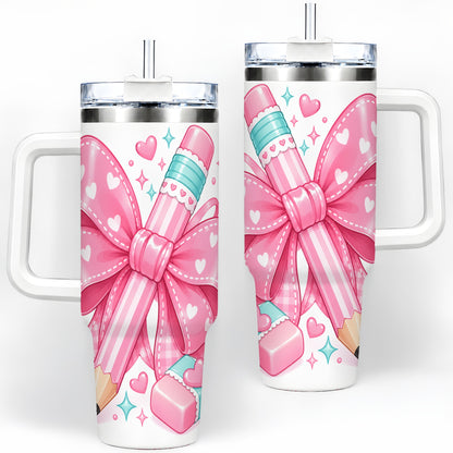 Pink Bow Pencil 40oz Tumbler, Pastel Heart Classroom Supply Artwork