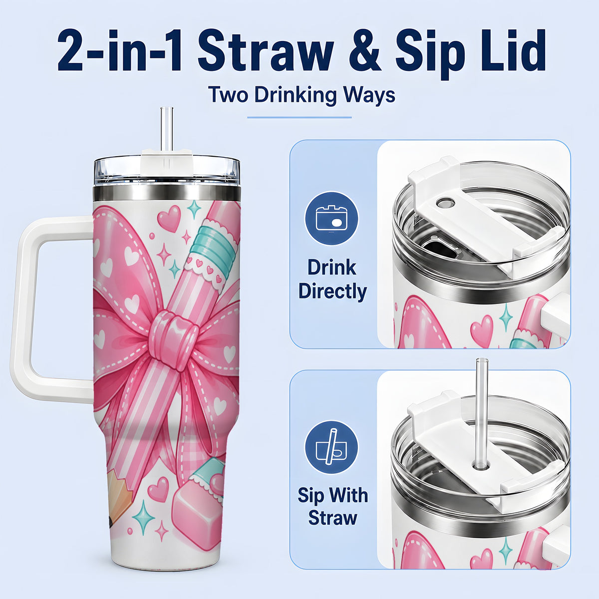 #pl[40oz|White] Pink Bow Pencil 40oz Tumbler, Pastel Heart Classroom Supply Artwork