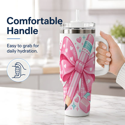 #pl[40oz|White] Pink Bow Pencil 40oz Tumbler, Pastel Heart Classroom Supply Artwork