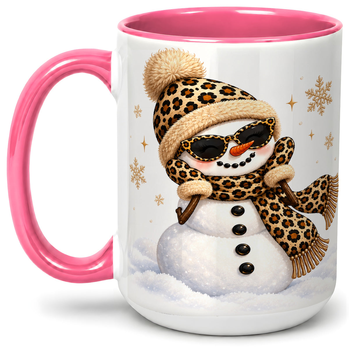 #pl[15oz|Pink] Leopard Snowman Winter Ceramic Mug with Animal Print Artwork